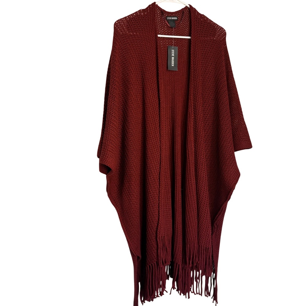 Steve Madden Wine Red Fringe Crochet Knit Poncho Wrap SMA-388 Burgundy OSFM NEW